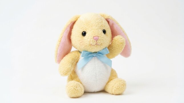 Charming pastel colored stuffed bunny rabbit with a blue ribbon against a clean white background