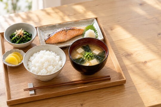 Japanese breakfast with miso soup, rice and grilled salmon on a tray