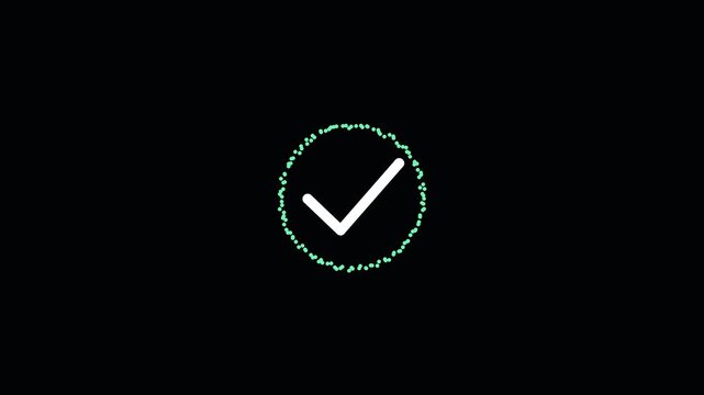 Glowing teal particles forming a check mark symbol on a dark black background motion graphic video