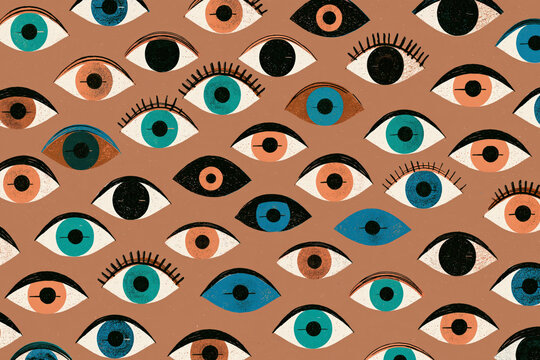 eyes in repeating geometric pattern, turquoise orange and black irises on peach background, illustration