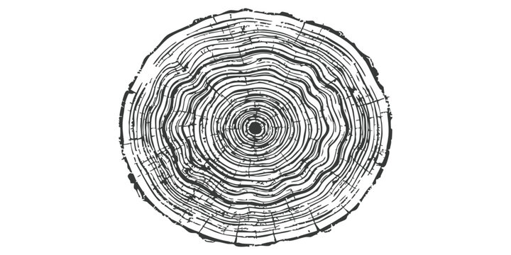 Black and white vector illustration of a tree trunk cross section showing organic growth rings and wood grain