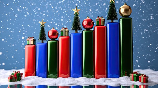 Christmas finance chart with eleven bars rising across snow beneath falling snowflakes