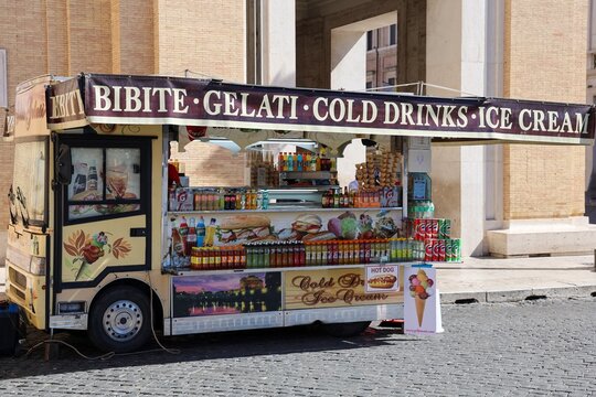 Rome, Italy - 26. September 2026: Rome street food truck selling gelato, ice cream and cold drinks