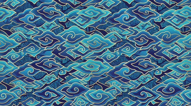Traditional batik cloud pattern seamless background in blue and cyan tones for graphic design and textile print