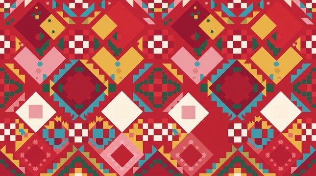 Abstract geometric pattern with colorful diamonds and squares on red background graphic design seamless repeating decoration wallpaper ornament