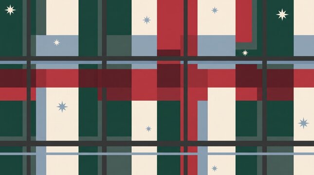 Festive plaid textile pattern with subtle sparkles on a muted holiday background, a classic tartan checkered design accented with small twinkling star details
