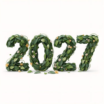 Beautifully designed 2027 year made from lush green leaves and elegant flowers.
