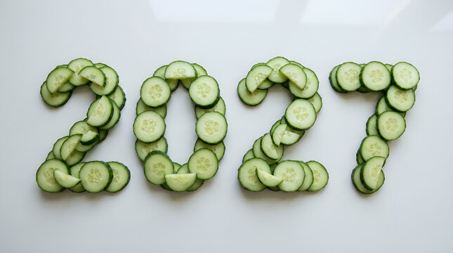 Creative and fresh cucumber slices arranged to form the numbers two zero two and seven.