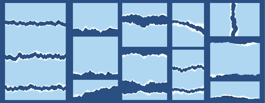 Blue torn paper pieces with rough edges form a coordinated collection. Ideal for scrapbook layouts, invitations, and social media designs.