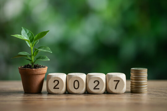 Growing plant in pot next to wooden blocks displaying the year 2027 with stacked coins.