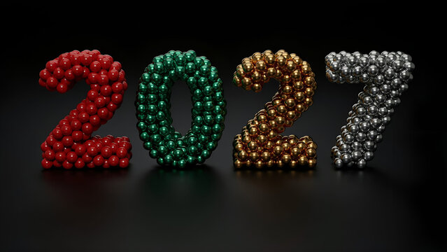 Colorful metallic Christmas New Year celebration numbers 2027 decoration on black background.