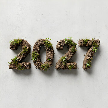 Creative representation of the year 2027 with soil and small plants forming numbers.