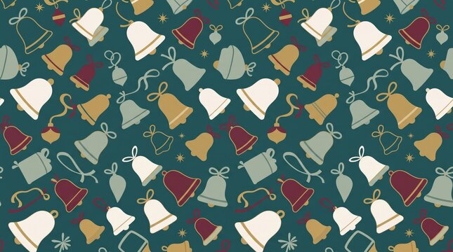 Whimsical seamless background with various hand drawn jingle bells bell holiday christmas decoration metallic pattern ornament illustration wrapping