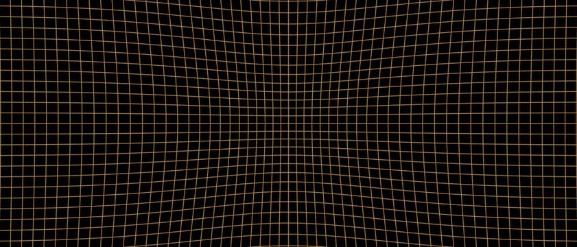 Glowing orange grid lines warp and bend around a central point on black background, showing abstract wave distortion