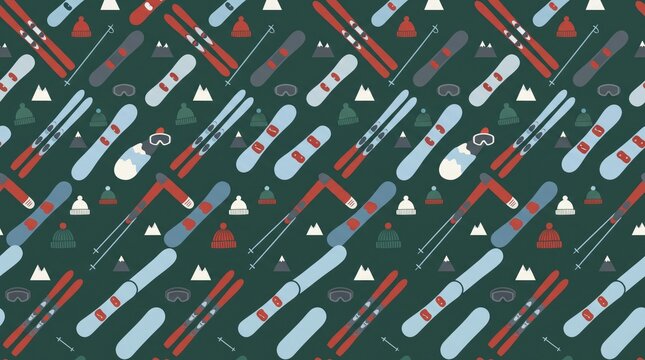 Seamless pattern of alpine skis and snowboard equipment on deep green background with winter sports ski gear repeating surface design wrapping paper