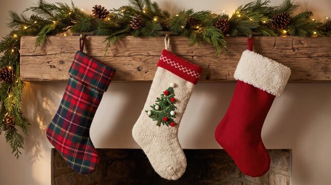 Traditional christmas stockings hanging from a rustic wooden fireplace mantle with holiday decor decorations tradition interior seasonal celebration ornaments decoration