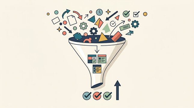 Colorful icons and data shapes falling into a large funnel
