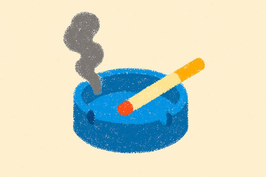 A burning cigarette rests inside a vibrant blue container while dark smoke gently rises upward into the air during a calm moment captured in a distinct graphical drawing style