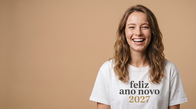 Mulher feliz vestindo camiseta Feliz Ano Novo 2027 sorrindo isolada