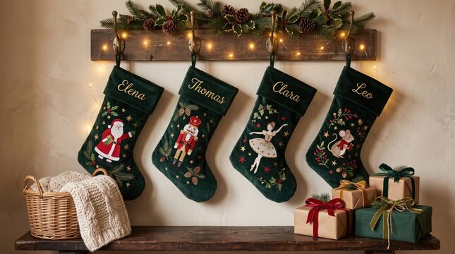 Four personalized green velvet christmas stockings hanging above a wooden shelf with gift boxes holiday decor gifts tradition presents spirit winter