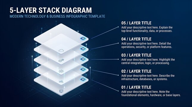 5 layer stack diagram template with space for your text - modern business technology slide 