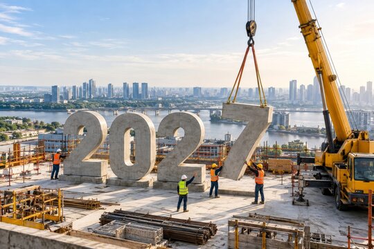 Crane suspending a concrete seven beside giant 202 numerals and workers on a building slab for a 2027 construction concept
