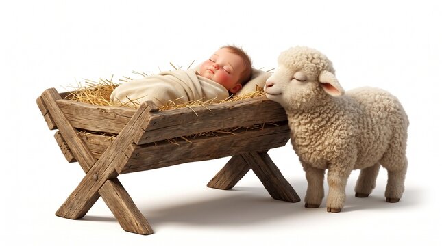 3D render of baby Jesus sleeping in wooden manger on straw with a fluffy lamb resting beside Him. Biblical Christmas nativity concept isolated on white background.