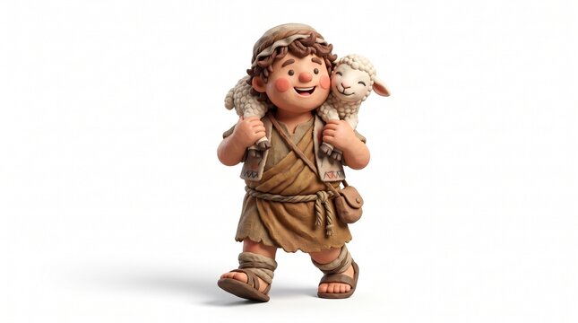 3D render of cheerful shepherd boy in traditional biblical tunic carrying a fluffy lamb on his shoulders. Christmas nativity and Good Shepherd concept isolated on white background.