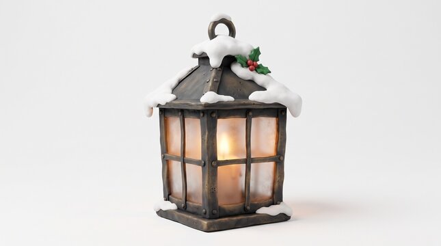 3D render of rustic metal winter lantern with burning candle behind frosted glass, decorated with snow and holly berries. Christmas holiday concept isolated on white background.