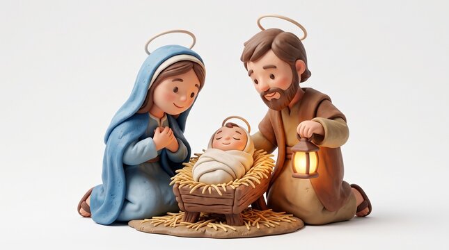 3D render of clay nativity holy family figurines including Mary, Joseph with lantern and baby Jesus in wooden manger. Christian Christmas concept isolated on white background.