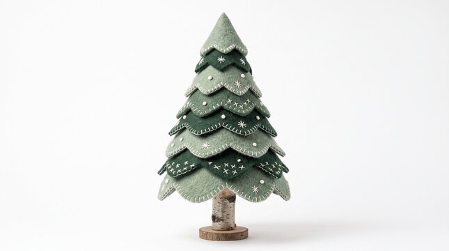 Studio shot of handmade layered green felt Christmas tree with white embroidered snowflakes on natural birch wood base. Scandinavian holiday decor isolated on white background.