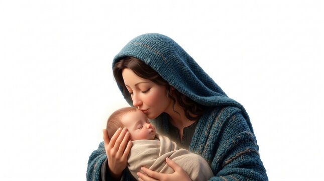 3D render of Virgin Mary in blue hooded cloak tenderly kissing forehead of sleeping swaddled baby Jesus. Madonna and Child Christmas nativity concept isolated on white background.