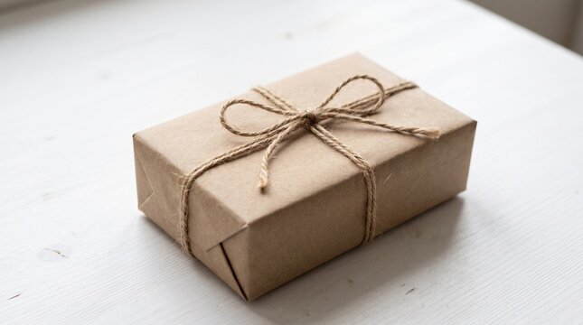 Simple Brown Paper Wrapped Gift Box Tied With Twine Bow On White Wooden Surface