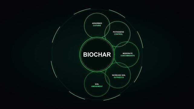 Biochar Soil Amendment Benefits Radial Diagram in Glowing Green HUD