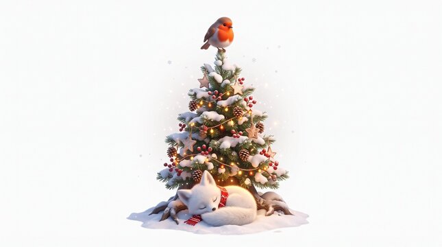 3D render of cute arctic white fox sleeping under snow-covered Christmas tree with fairy lights and robin perched on top. Peaceful winter holiday concept isolated on white background.