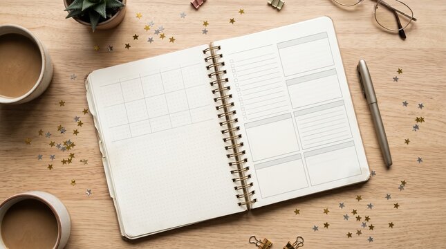 Flat lay of an open planner with coffee cups, pen, glasses, and star confetti on a wooden desk