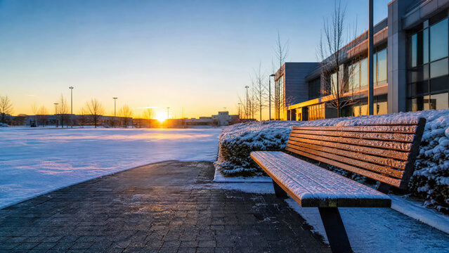 Snow covered wooden bench outside a sunlit office building