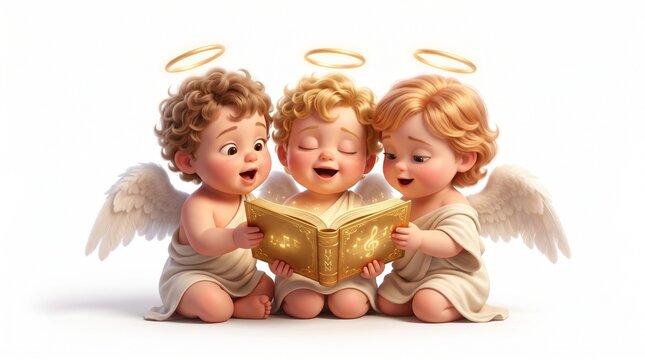 3D render of three diverse baby angels with halos and wings singing carols from a glowing golden hymn book. Christmas choir and heavenly music concept isolated on white background.