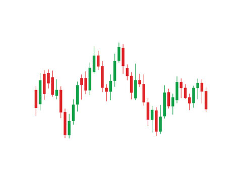 This illustration features a vector graphic of financial candlesticks, depicting fluctuating market price movements against a white background.