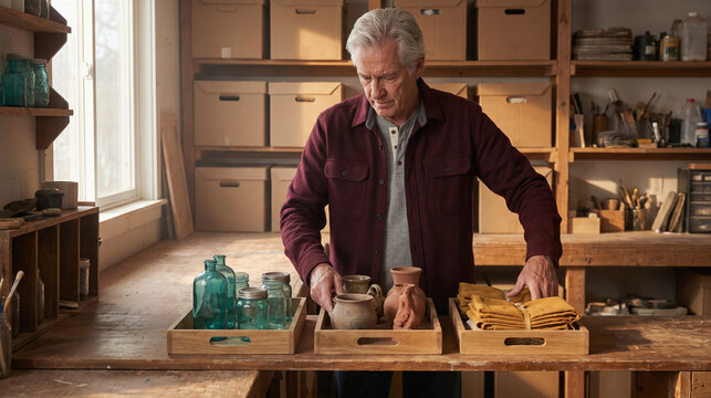 Studio host arranges color-coded props for upcoming tabletop shoots