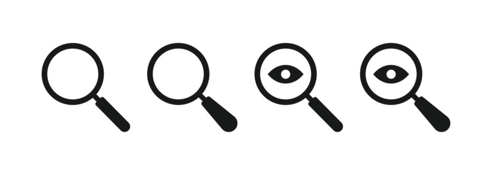 Magnifying glass icon set featuring search zoom lens and eye surveillance symbol isolated for interface and user navigation design