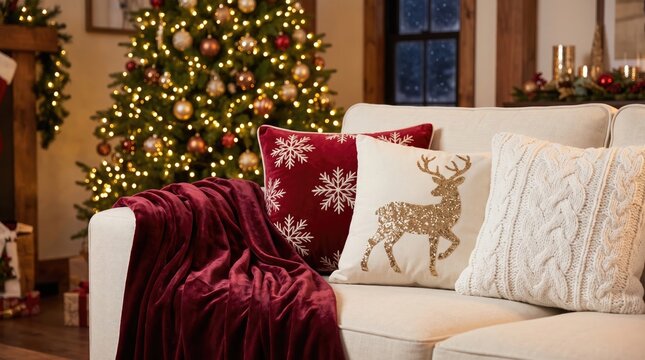 Close up of sofa with festive pillows and blanket near christmas tree living room holiday cushions interior design decor decoration textiles reindeer