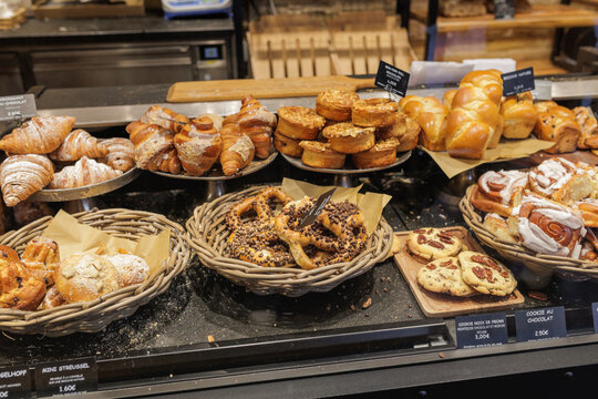 Assorted French pastries in bakery display
