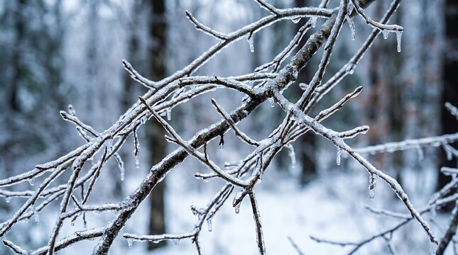 Icy tree branches covered in frozen rain during a cold winter forest day