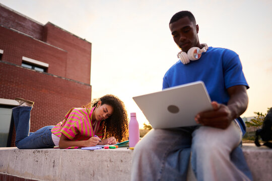 Young students learning outdoors on campus with laptop
