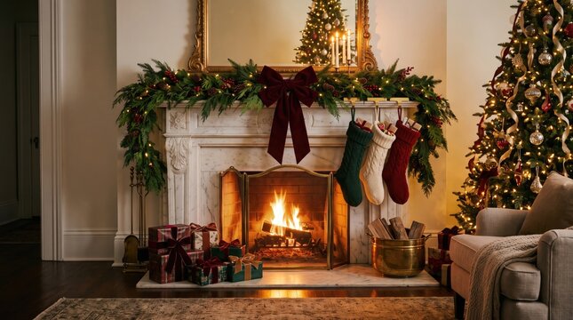 Festive fireplace mantel adorned with lush green garland and velvet bows in a traditional home stockings christmas interior celebration presents atmosphere residential