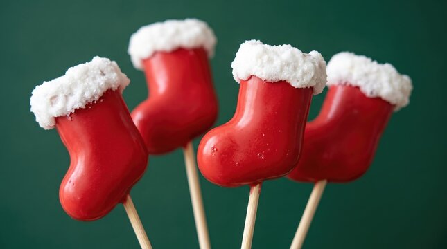 Four red candy stockings on sticks against dark green background with close-up view of decorative christmas stocking shaped candies on wooden skewers holiday treat cane confectionery