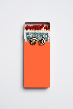 Sea shell earrings and one dollar bill tucked in orange matchbox