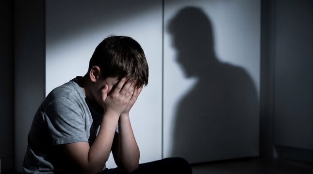 Young boy crying covering face with dark aggressive male shadow on wall for domestic child abuse concept