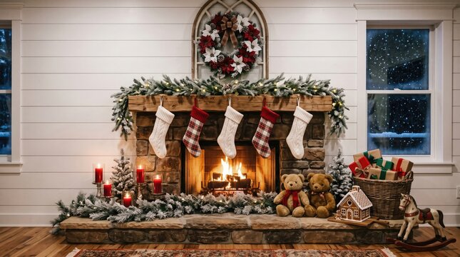 Rustic stone fireplace mantel decorated with snowy garlands and cozy stockings near two teddy bears rocking horse christmas interior celebration traditional atmosphere